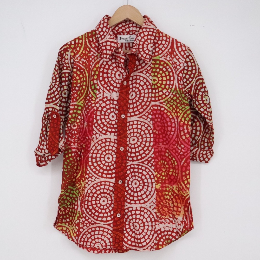 Pulchritude Couture Shirt Womens S Red Geometric Batik Roll Tab Sleeve Excellent